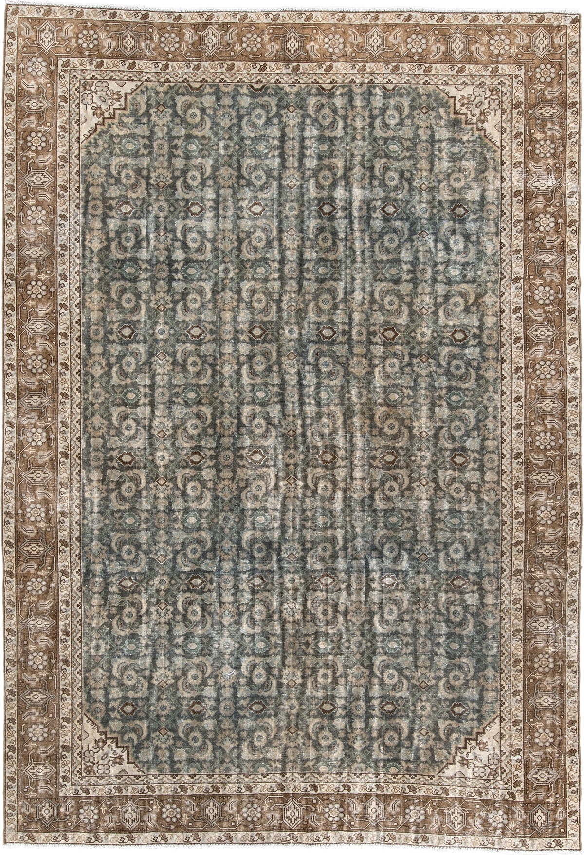 7' x 10' one-of-a-kind handmade antique Tabriz large size rug. Color palette: blue gray, taupe, ivory, charcoal, brown, sage