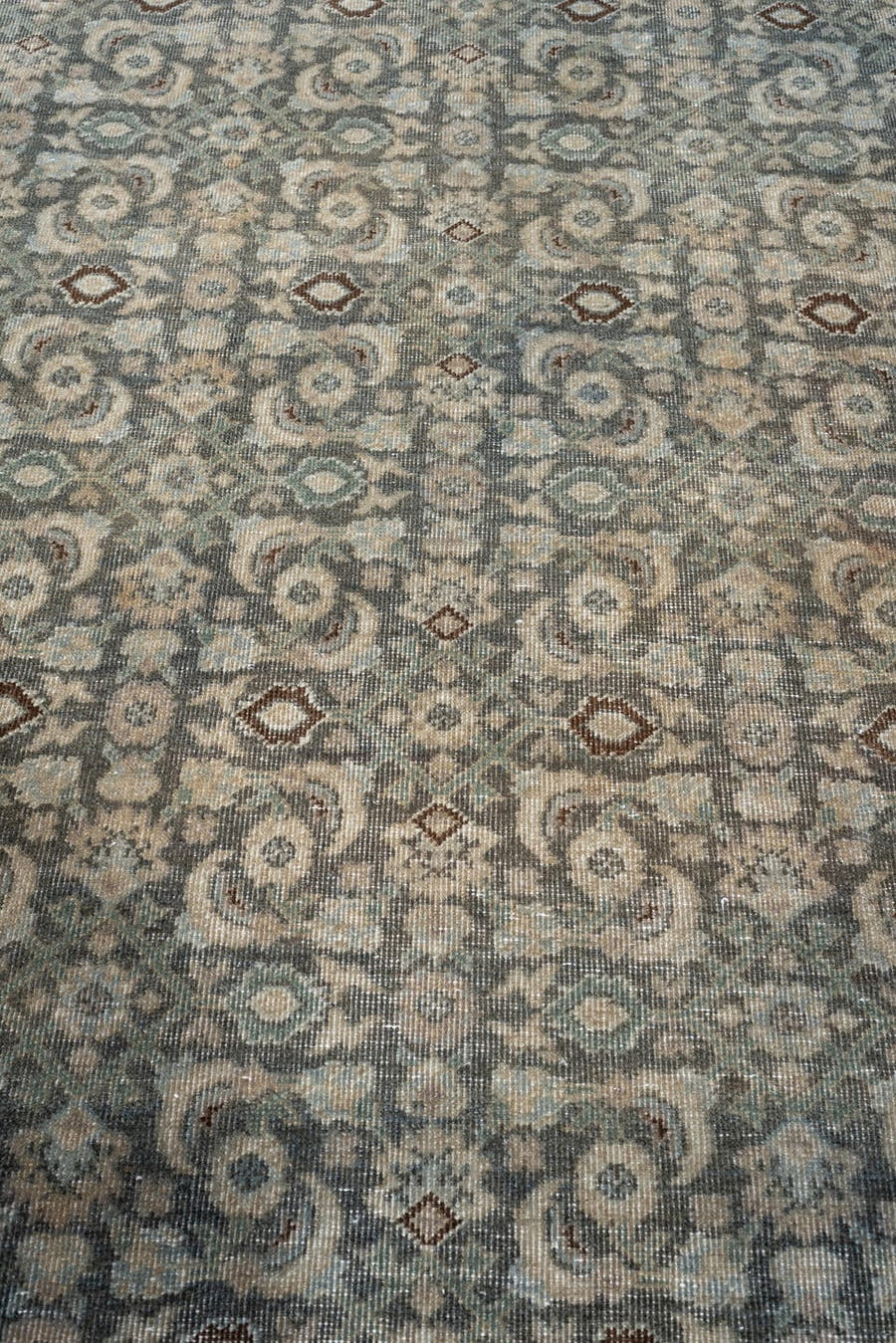 7' x 10' one-of-a-kind handmade antique Tabriz large size rug. Color palette: blue gray, taupe, ivory, charcoal, brown, sage