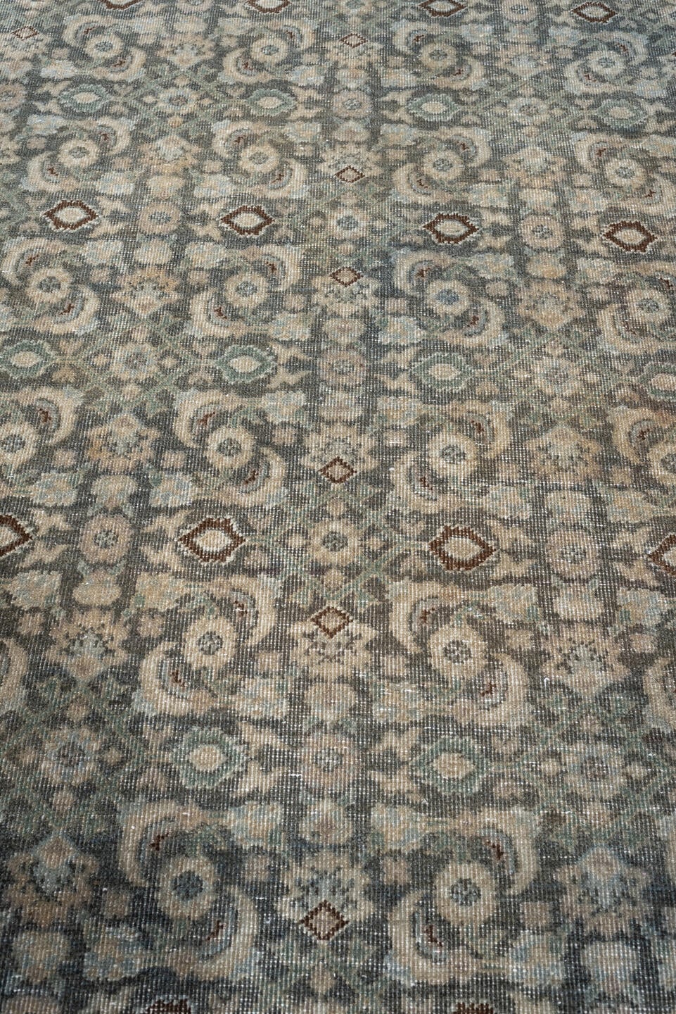 7' x 10' one-of-a-kind handmade antique Tabriz large size rug. Color palette: blue gray, taupe, ivory, charcoal, brown, sage