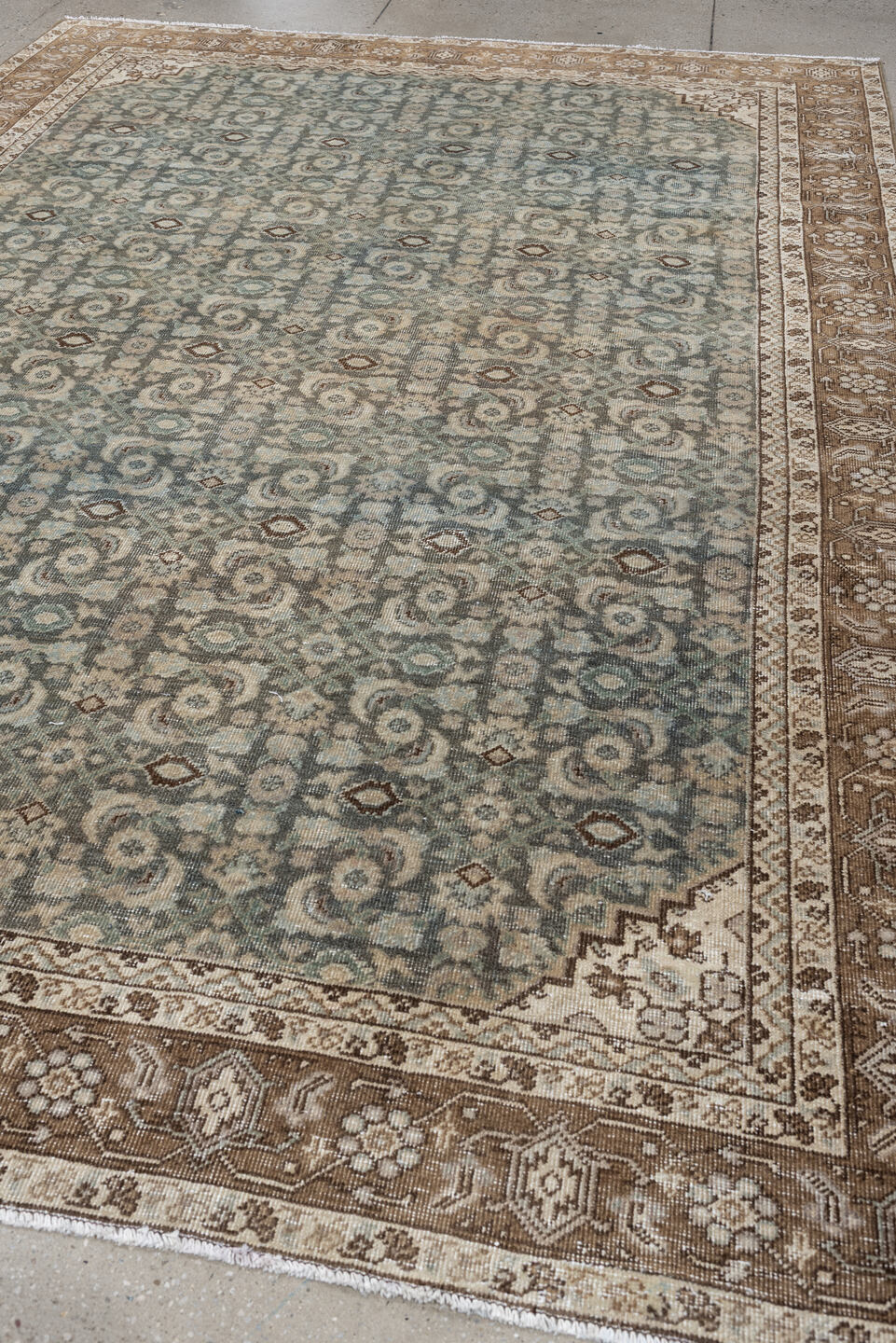 7' x 10' one-of-a-kind handmade antique Tabriz large size rug. Color palette: blue gray, taupe, ivory, charcoal, brown, sage