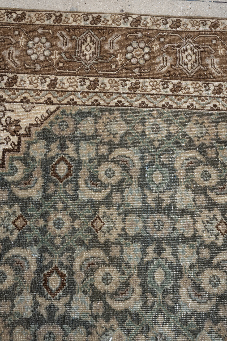 7' x 10' one-of-a-kind handmade antique Tabriz large size rug. Color palette: blue gray, taupe, ivory, charcoal, brown, sage