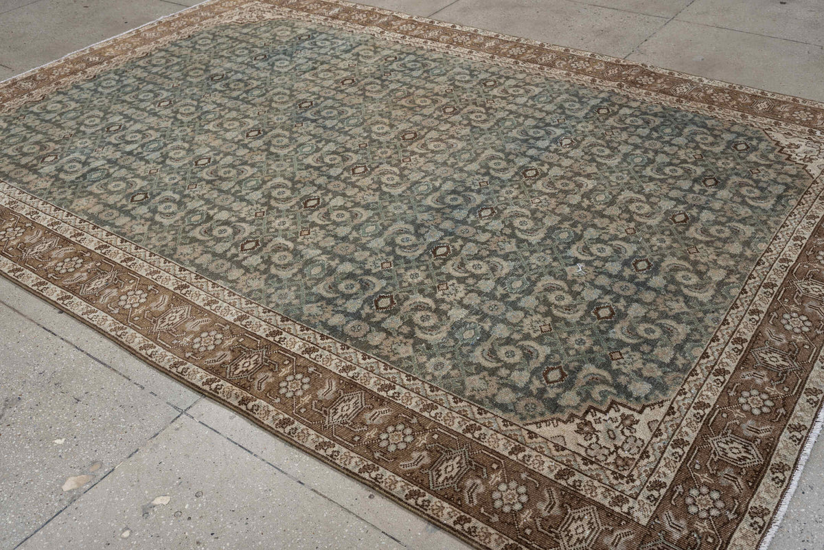 7' x 10' one-of-a-kind handmade antique Tabriz large size rug. Color palette: blue gray, taupe, ivory, charcoal, brown, sage