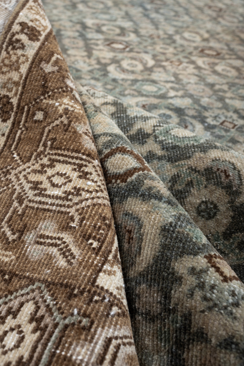 7' x 10' one-of-a-kind handmade antique Tabriz large size rug. Color palette: blue gray, taupe, ivory, charcoal, brown, sage