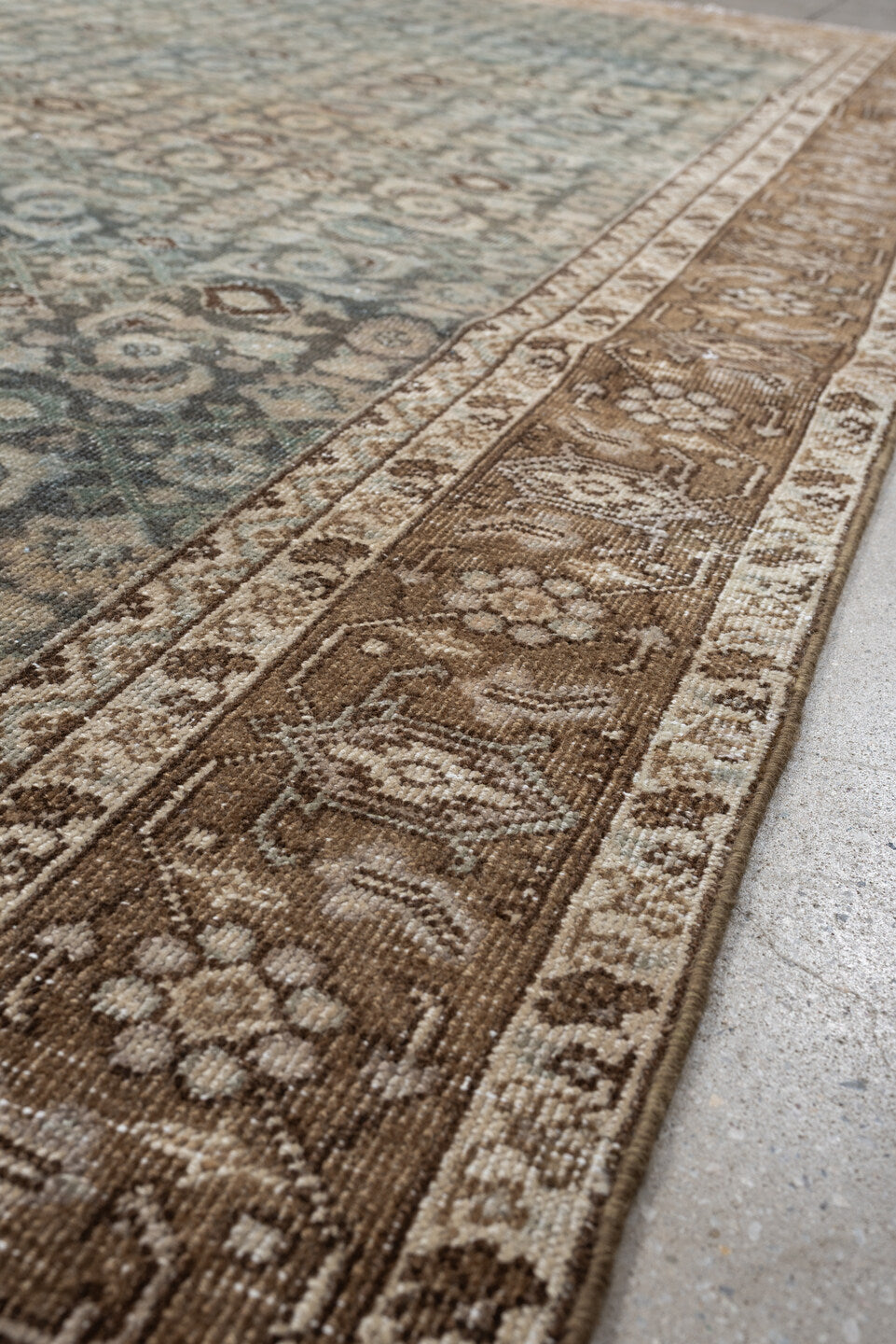 7' x 10' one-of-a-kind handmade antique Tabriz large size rug. Color palette: blue gray, taupe, ivory, charcoal, brown, sage