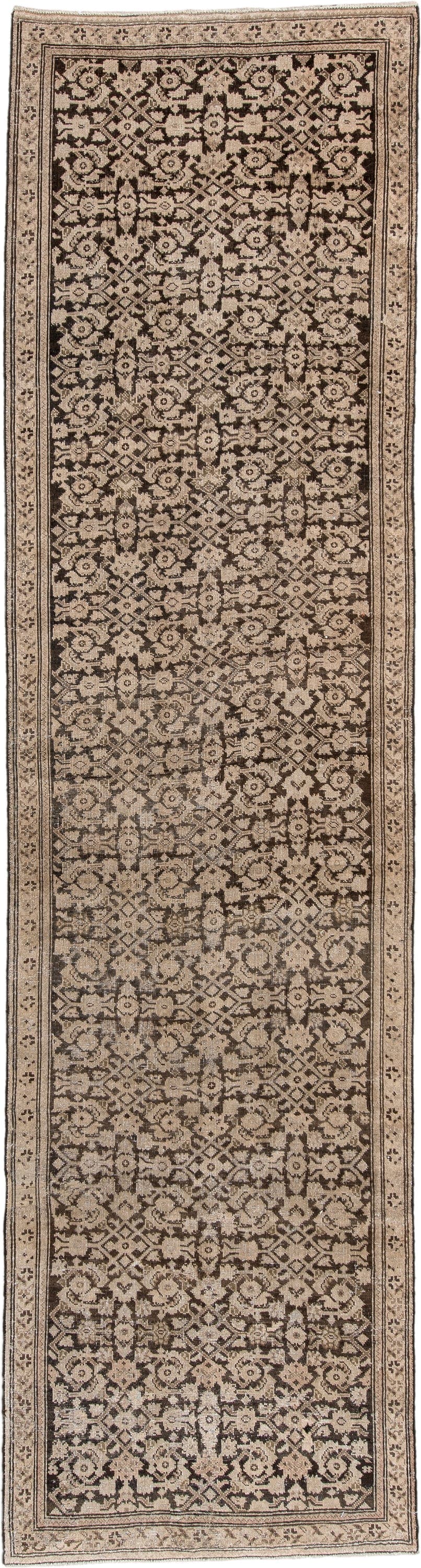 3' x 12' one-of-a-kind handmade antique Karabagh runner rug. Color palette: charcoal brown, ivory, tan, taupe, ebony, camel