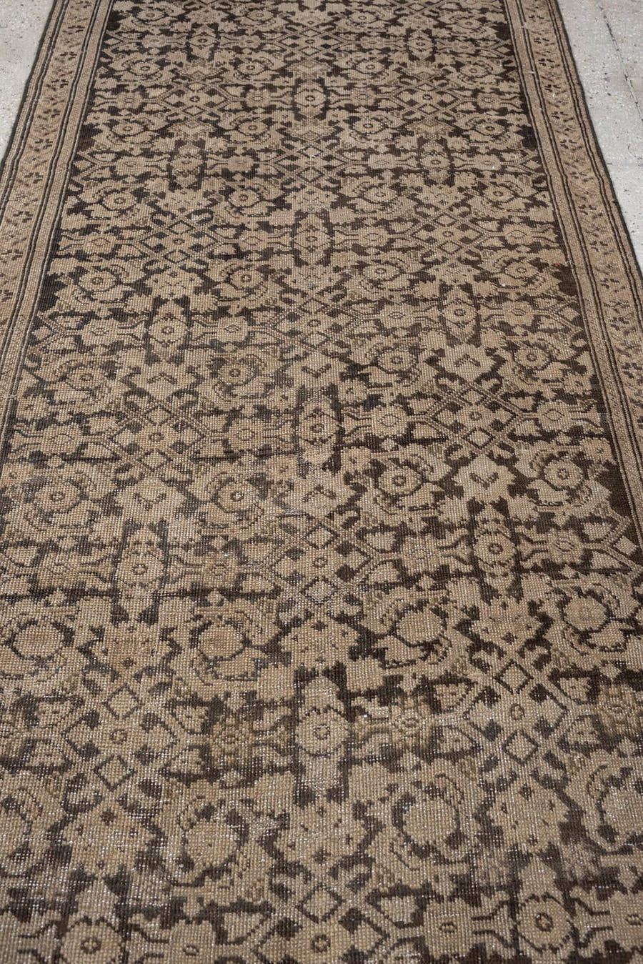 3' x 12' one-of-a-kind handmade antique Karabagh runner rug. Color palette: charcoal brown, ivory, tan, taupe, ebony, camel