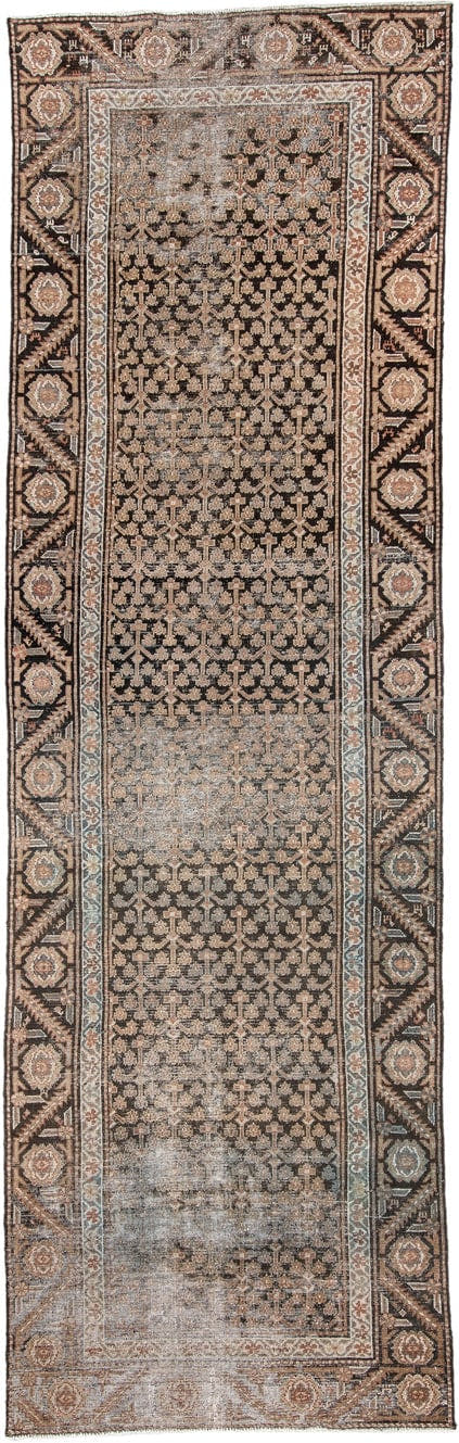 3' x 10' one-of-a-kind handmade antique Malayer runner rug. Color palette: charcoal, ivory, camel, dusty rose, taupe