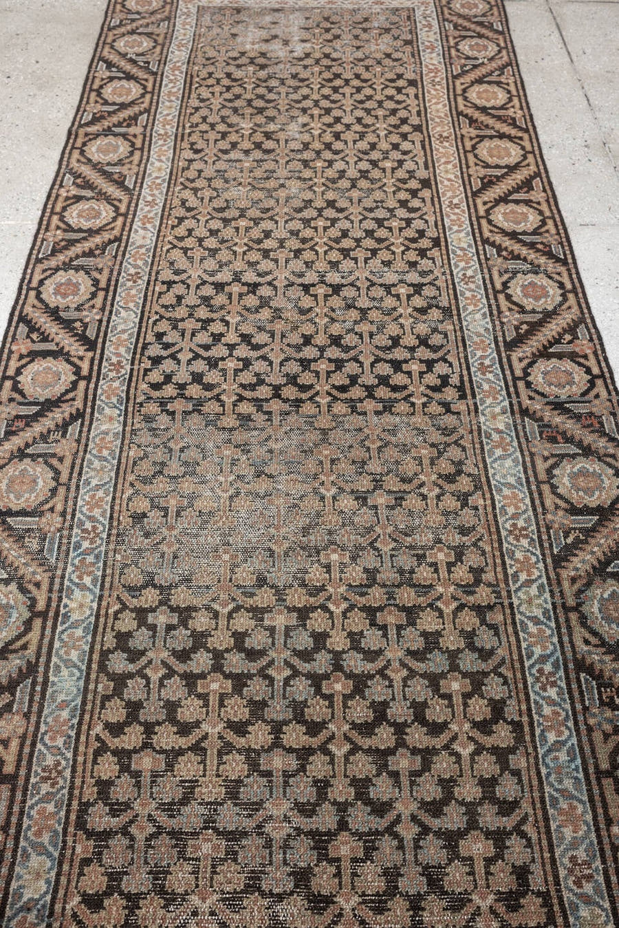 3' x 10' one-of-a-kind handmade antique Malayer runner rug. Color palette: charcoal, ivory, camel, dusty rose, taupe