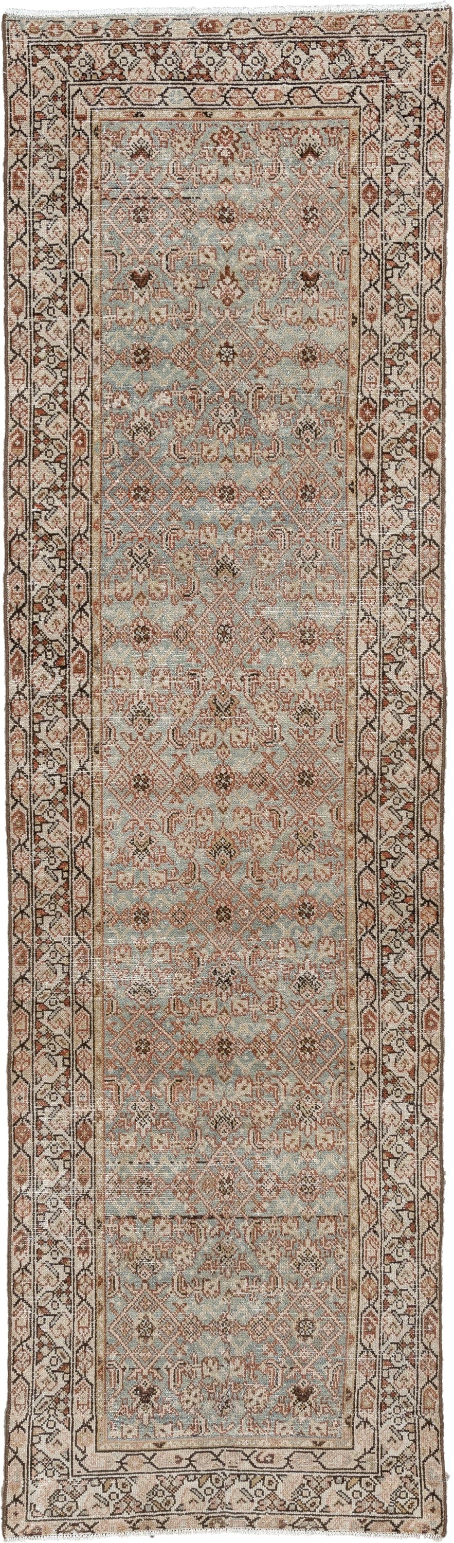 2' x 9' one-of-a-kind handmade antique Malayer runner rug. Color palette: blue gray, ivory, rust, taupe, charcoal, camel