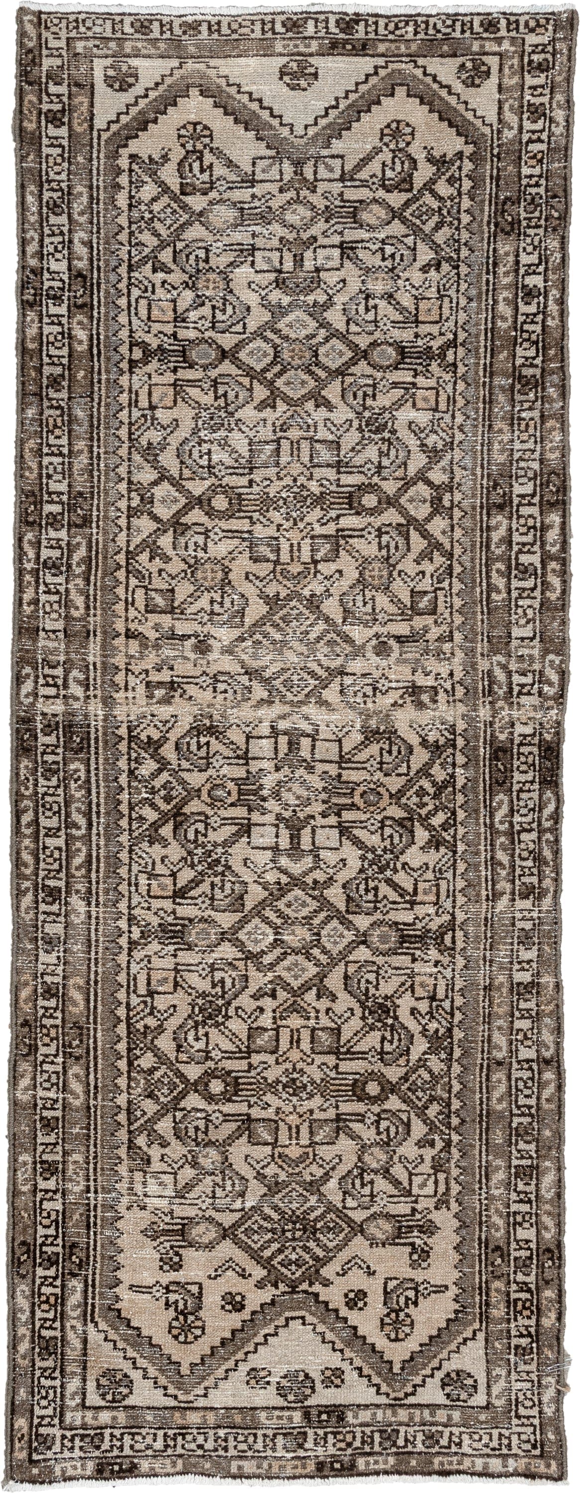 2' x 6' one-of-a-kind handmade antique Hamadan runner rug. Color palette: ivory, taupe, brown, charcoal, camel, ebony, beige