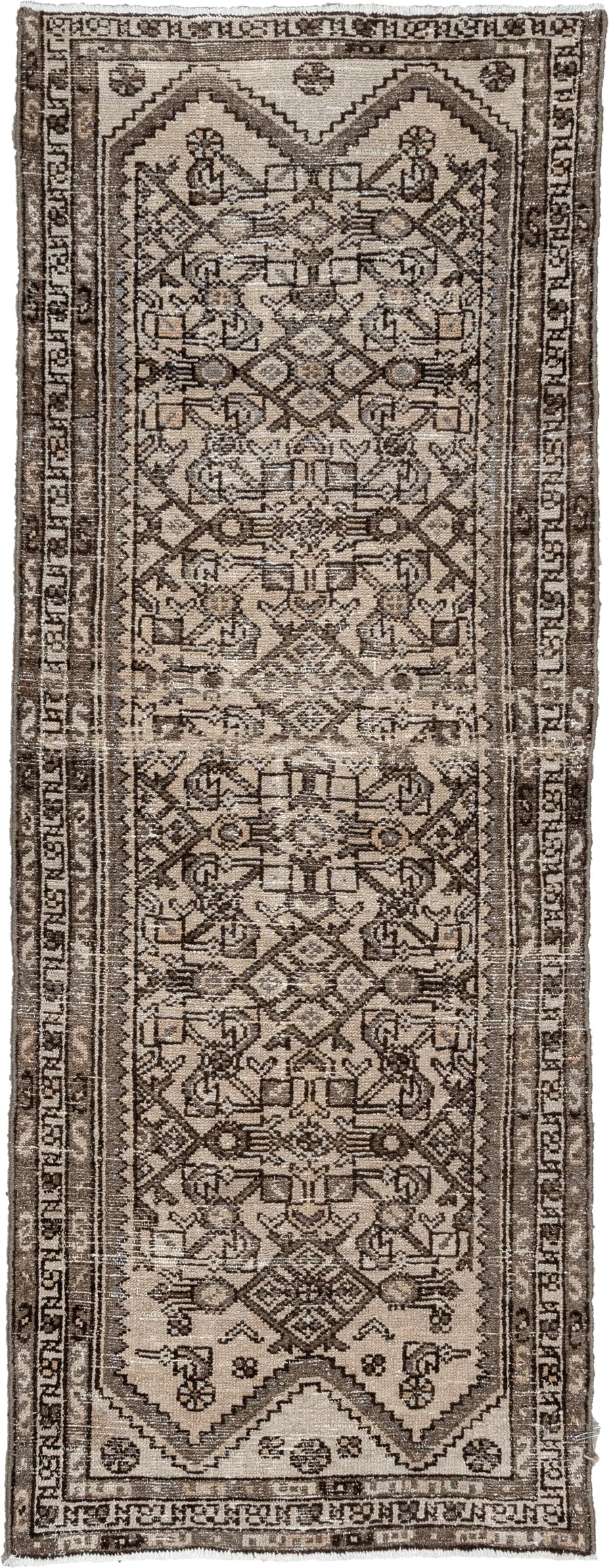 2' x 6' one-of-a-kind handmade antique Hamadan runner rug. Color palette: ivory, taupe, brown, charcoal, camel, ebony, beige