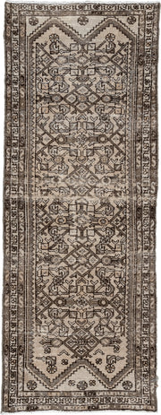 2' x 6' one-of-a-kind handmade antique Hamadan runner rug. Color palette: ivory, taupe, brown, charcoal, camel, ebony, beige