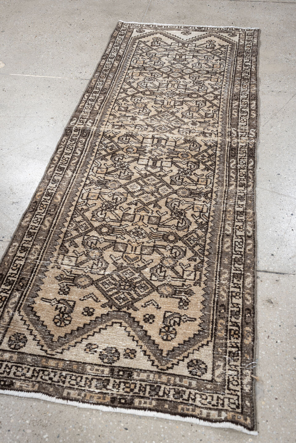 2' x 6' one-of-a-kind handmade antique Hamadan runner rug. Color palette: ivory, taupe, brown, charcoal, camel, ebony, beige
