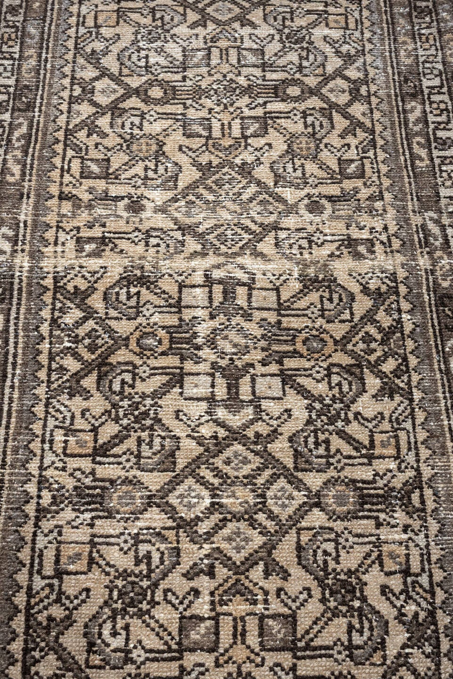 2' x 6' one-of-a-kind handmade antique Hamadan runner rug. Color palette: ivory, taupe, brown, charcoal, camel, ebony, beige