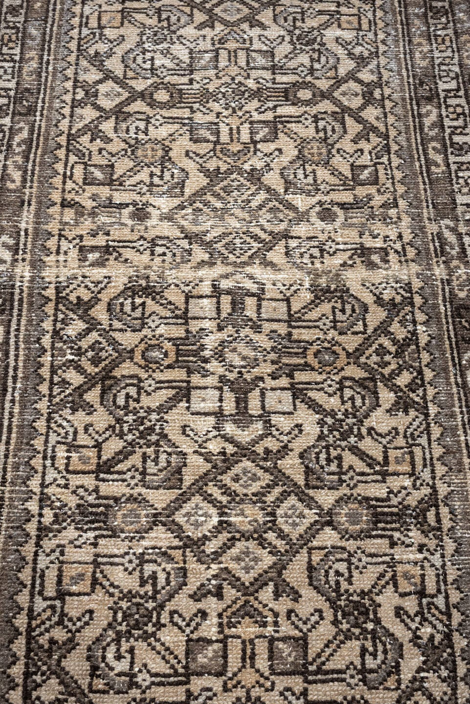 2' x 6' one-of-a-kind handmade antique Hamadan runner rug. Color palette: ivory, taupe, brown, charcoal, camel, ebony, beige