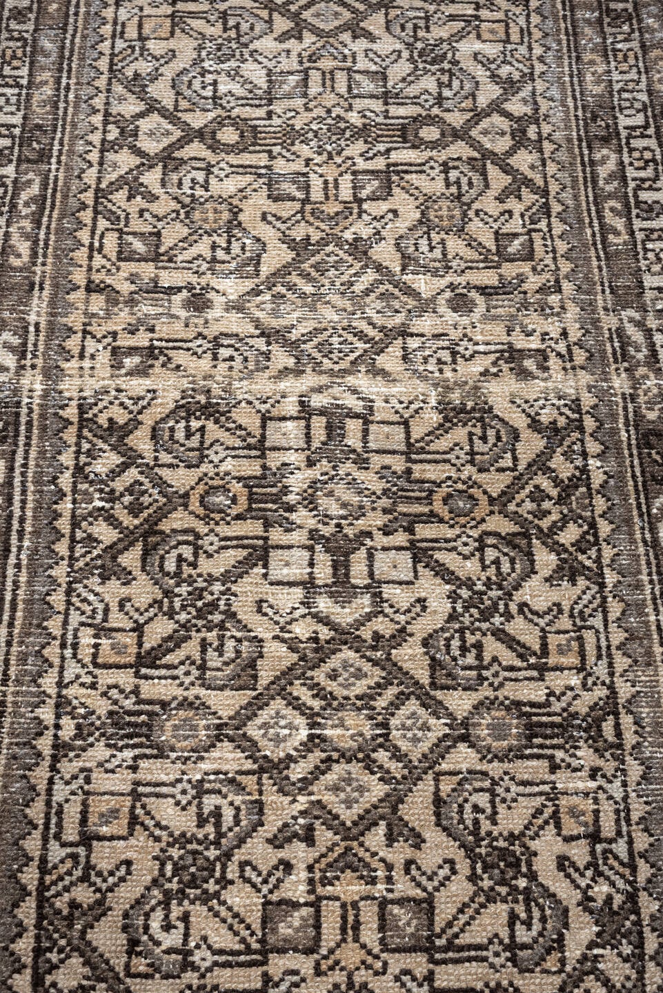 2' x 6' one-of-a-kind handmade antique Hamadan runner rug. Color palette: ivory, taupe, brown, charcoal, camel, ebony, beige
