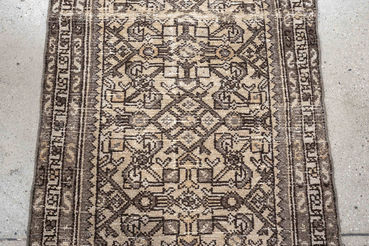 2' x 6' one-of-a-kind handmade antique Hamadan runner rug. Color palette: ivory, taupe, brown, charcoal, camel, ebony, beige