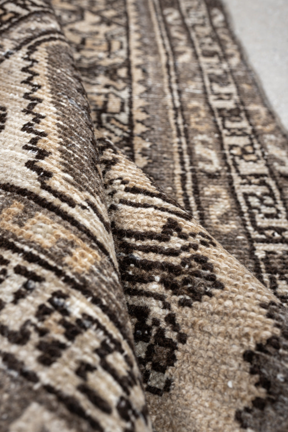 2' x 6' one-of-a-kind handmade antique Hamadan runner rug. Color palette: ivory, taupe, brown, charcoal, camel, ebony, beige