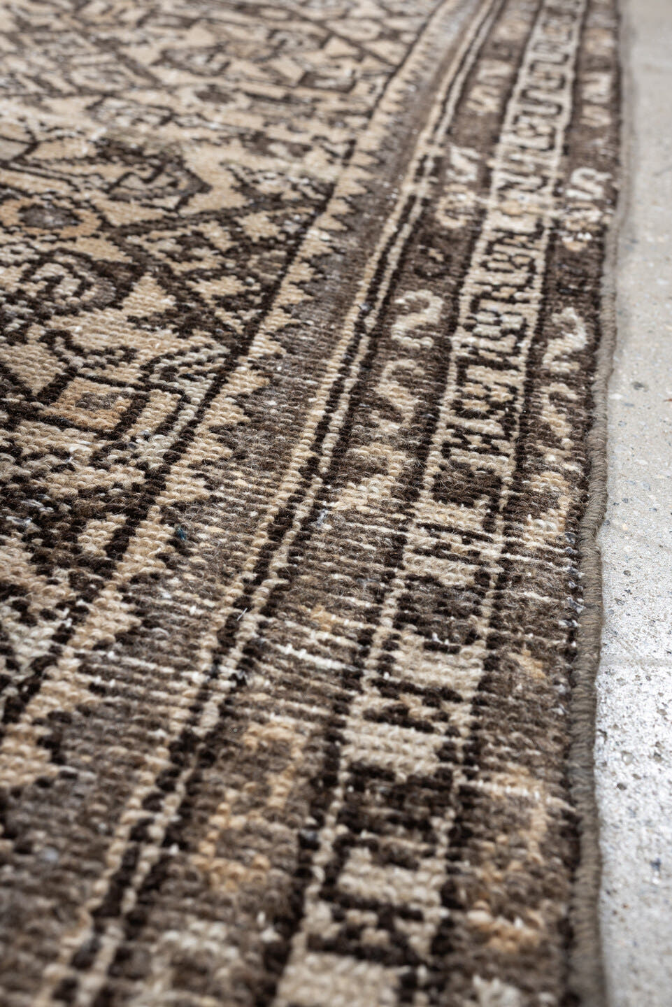 2' x 6' one-of-a-kind handmade antique Hamadan runner rug. Color palette: ivory, taupe, brown, charcoal, camel, ebony, beige