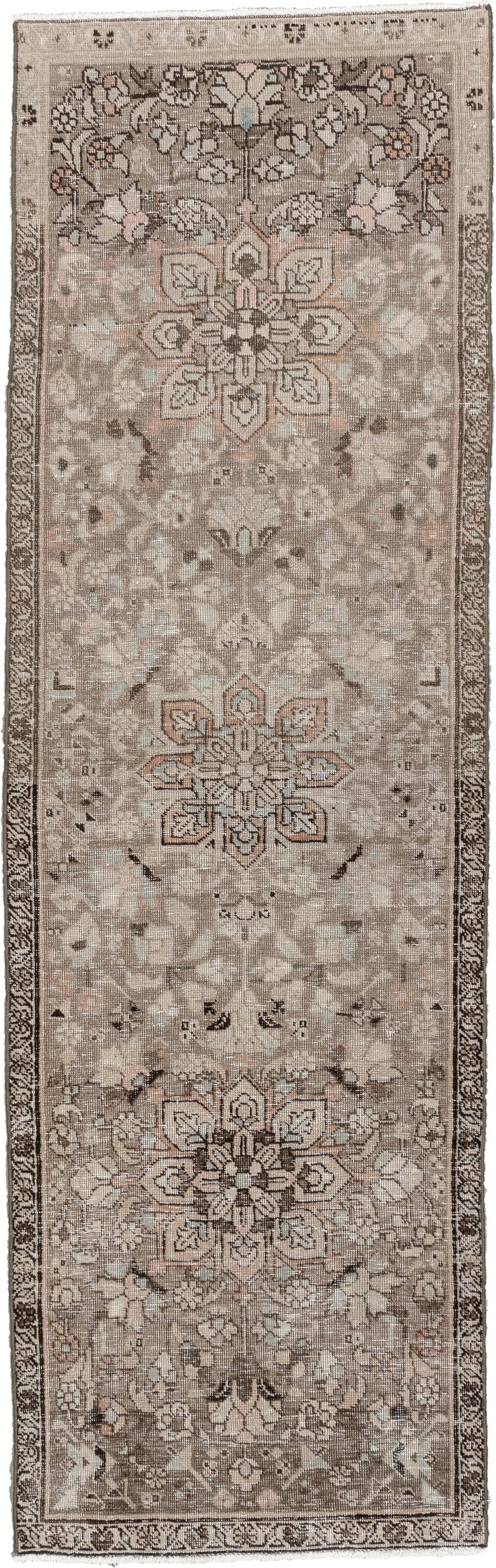 2' x 7' one-of-a-kind handmade antique Tabriz runner rug. Color palette: taupe, ivory, beige, charcoal, blush, sage, brown