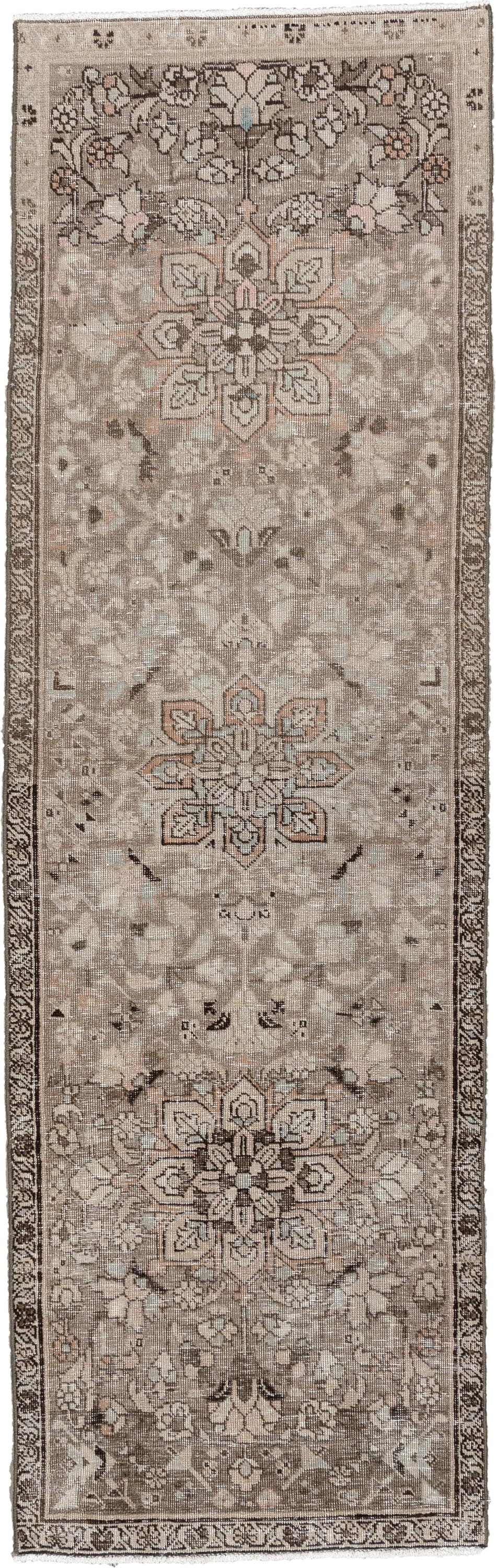 2' x 7' one-of-a-kind handmade antique Tabriz runner rug. Color palette: taupe, ivory, beige, charcoal, blush, sage, brown
