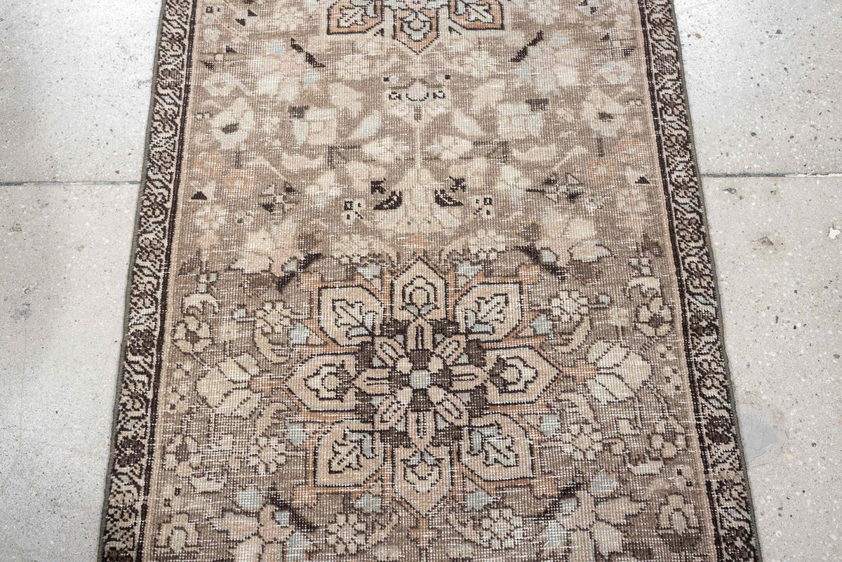 2' x 7' one-of-a-kind handmade antique Tabriz runner rug. Color palette: taupe, ivory, beige, charcoal, blush, sage, brown