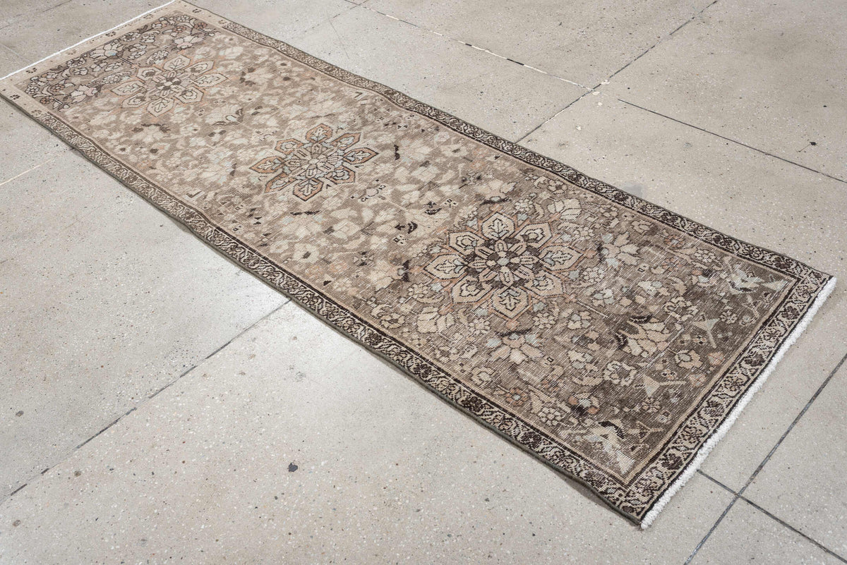 2' x 7' one-of-a-kind handmade antique Tabriz runner rug. Color palette: taupe, ivory, beige, charcoal, blush, sage, brown