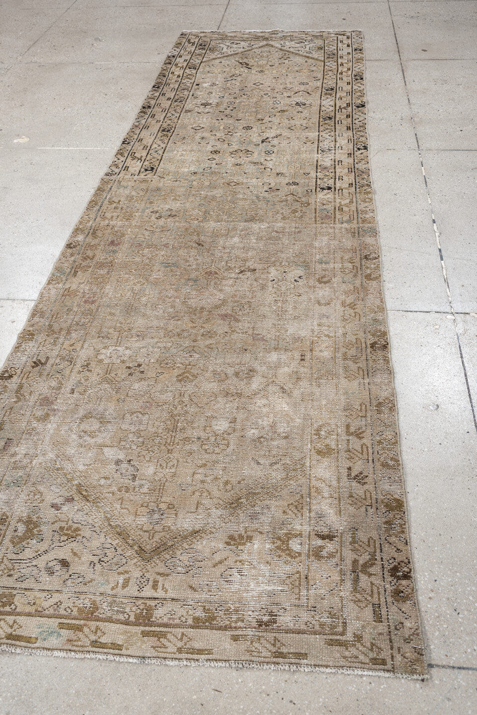 3' x 10' one-of-a-kind handmade antique Malayer runner rug. Color palette: taupe, ivory, beige, charcoal, sage, camel, brown