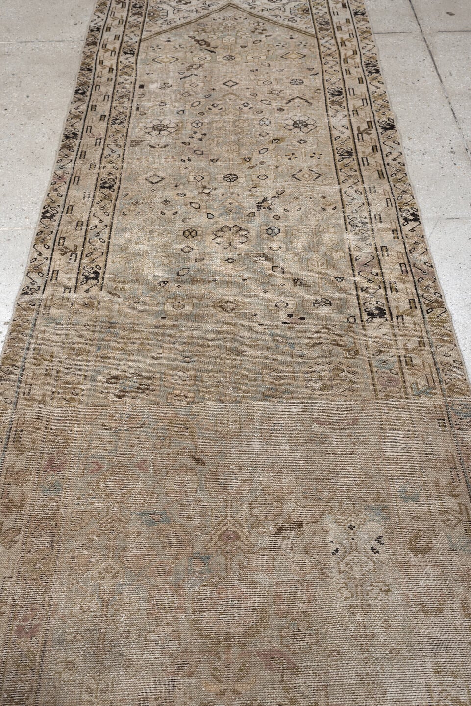 3' x 10' one-of-a-kind handmade antique Malayer runner rug. Color palette: taupe, ivory, beige, charcoal, sage, camel, brown