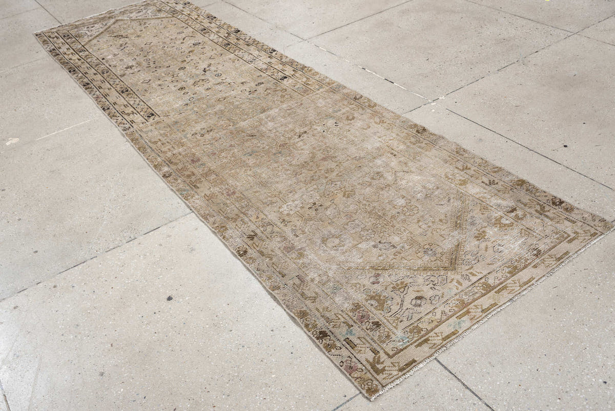 3' x 10' one-of-a-kind handmade antique Malayer runner rug. Color palette: taupe, ivory, beige, charcoal, sage, camel, brown