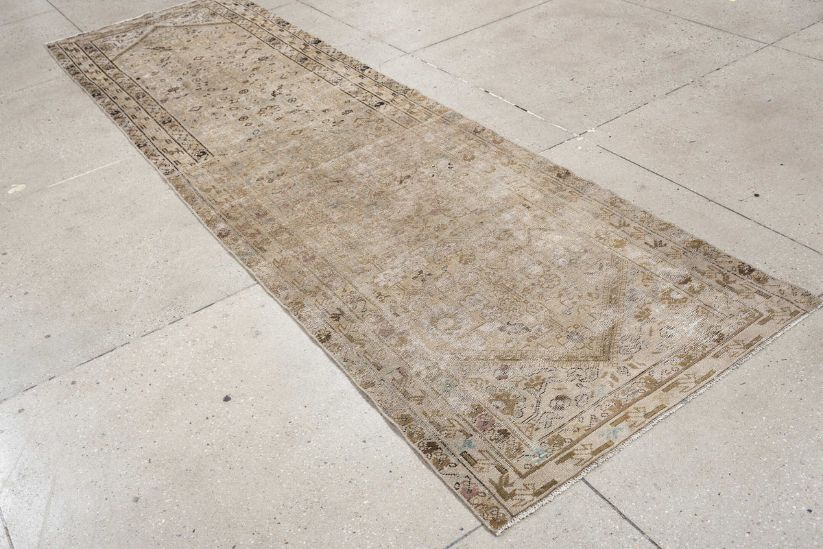 3' x 10' one-of-a-kind handmade antique Malayer runner rug. Color palette: taupe, ivory, beige, charcoal, sage, camel, brown