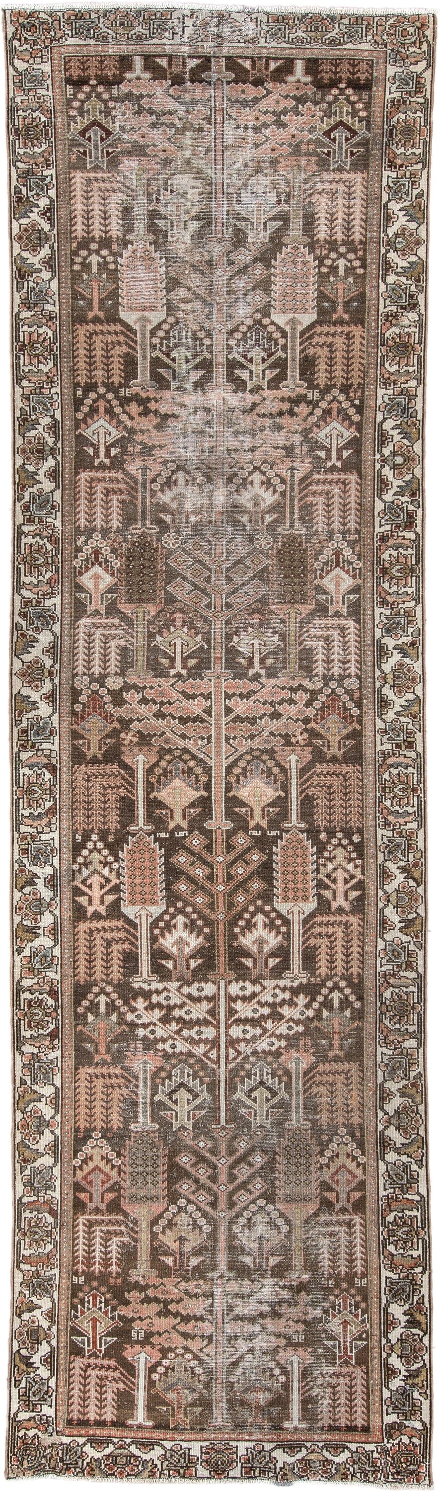 3' x 10' one-of-a-kind handmade antique Hamadan runner rug. Color palette: dark brown, ivory, dusty rose, camel, charcoal