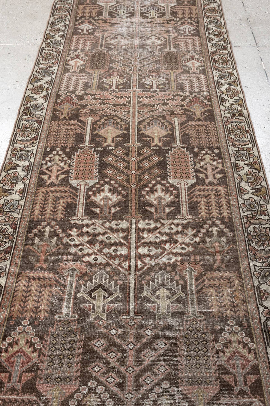 3' x 10' one-of-a-kind handmade antique Hamadan runner rug. Color palette: dark brown, ivory, dusty rose, camel, charcoal