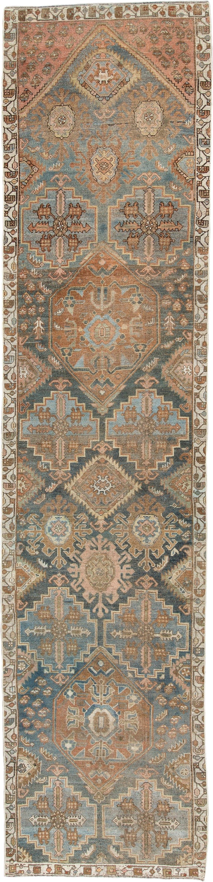 3' x 13' one-of-a-kind handmade antique Kurd runner rug. Color palette: teal, terra cotta, ivory, camel, charcoal, taupe