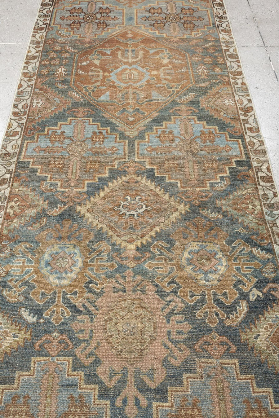3' x 13' one-of-a-kind handmade antique Kurd runner rug. Color palette: teal, terra cotta, ivory, camel, charcoal, taupe