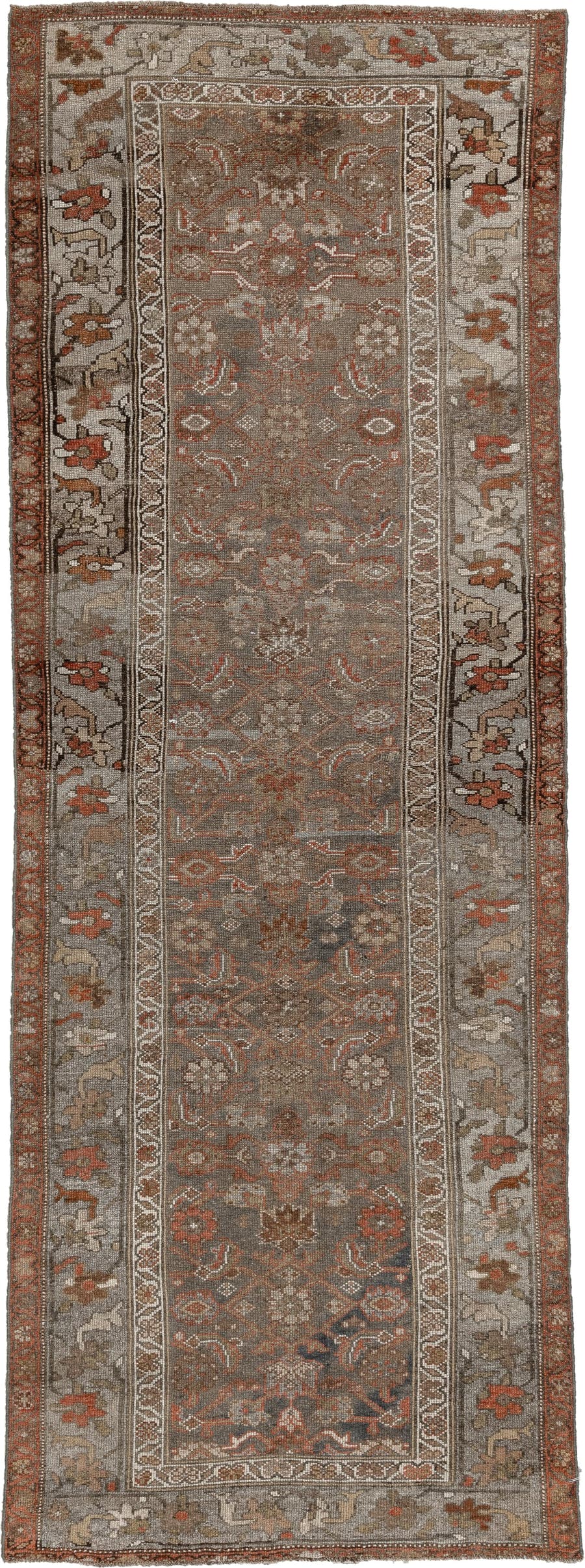 3' x 8' one-of-a-kind handmade antique Bidjar runner rug. Color palette: taupe, ivory, rust, charcoal, brown, sage