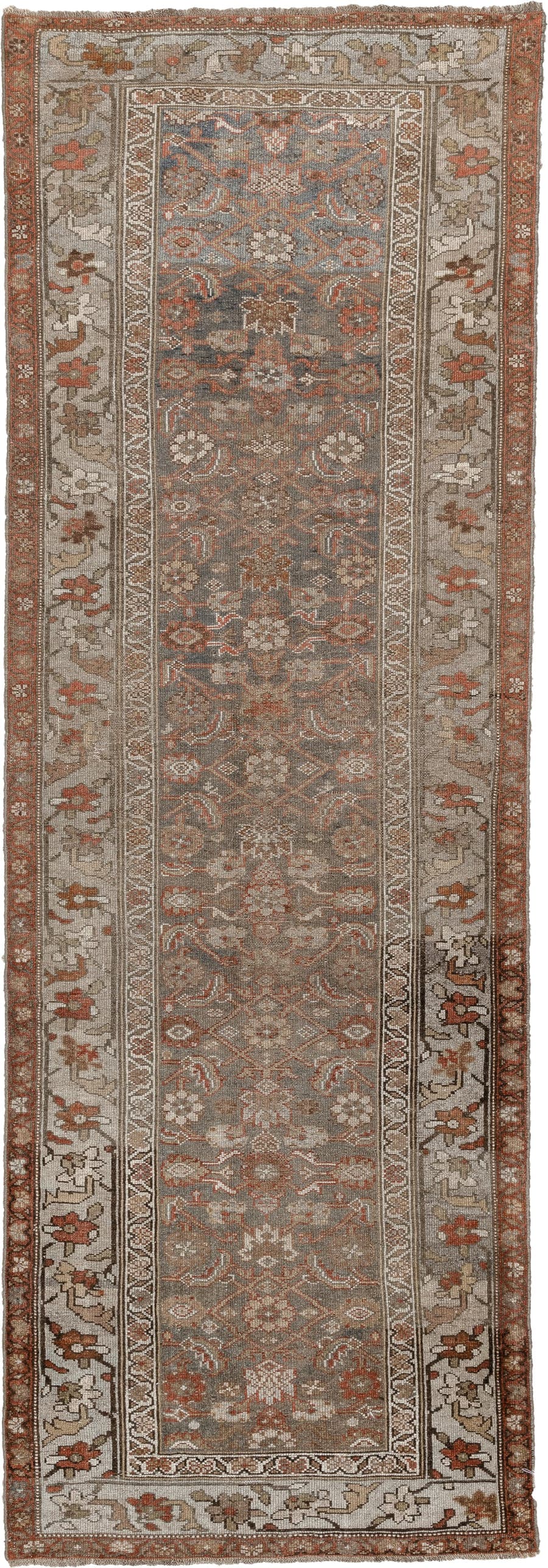 3' x 9' one-of-a-kind handmade antique Bidjar runner rug. Color palette: slate gray, ivory, rust, taupe, charcoal