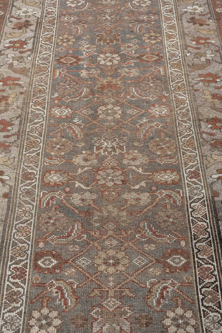 3' x 9' one-of-a-kind handmade antique Bidjar runner rug. Color palette: slate gray, ivory, rust, taupe, charcoal