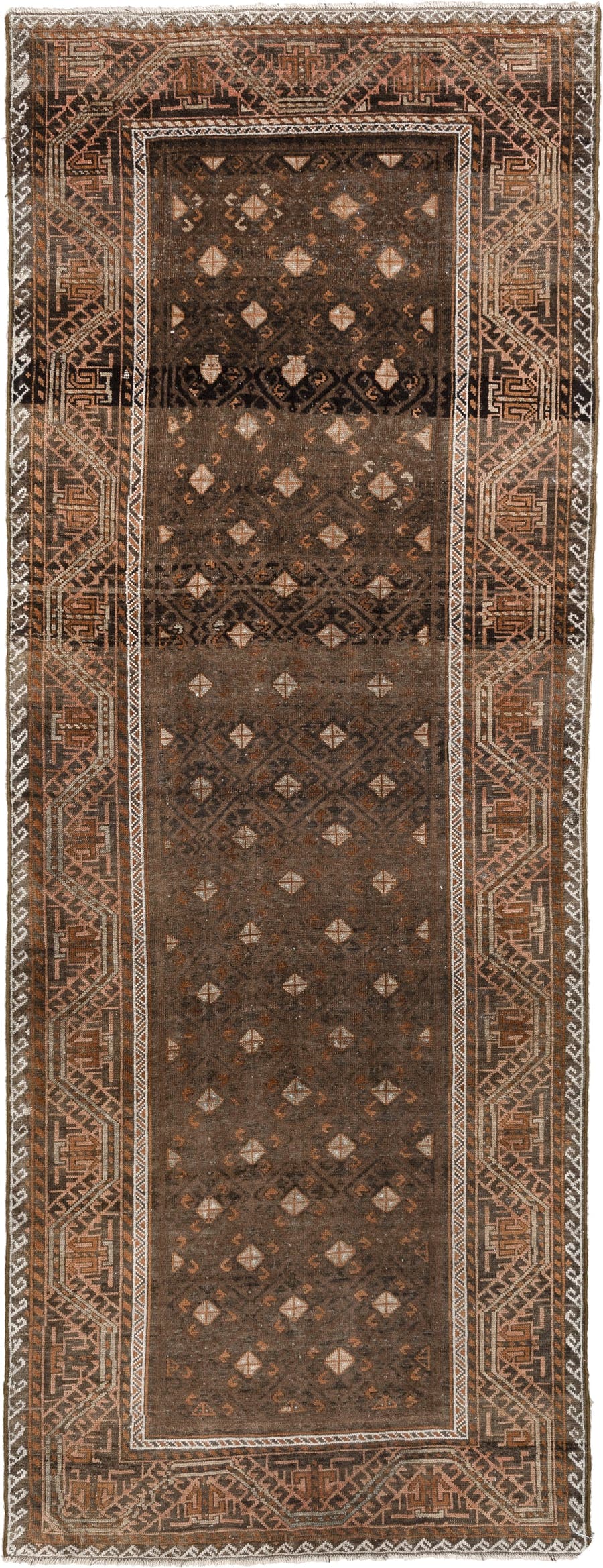 3' x 8' one-of-a-kind handmade antique Belouch runner rug. Color palette: brown, rust, ivory, charcoal, taupe, terracotta