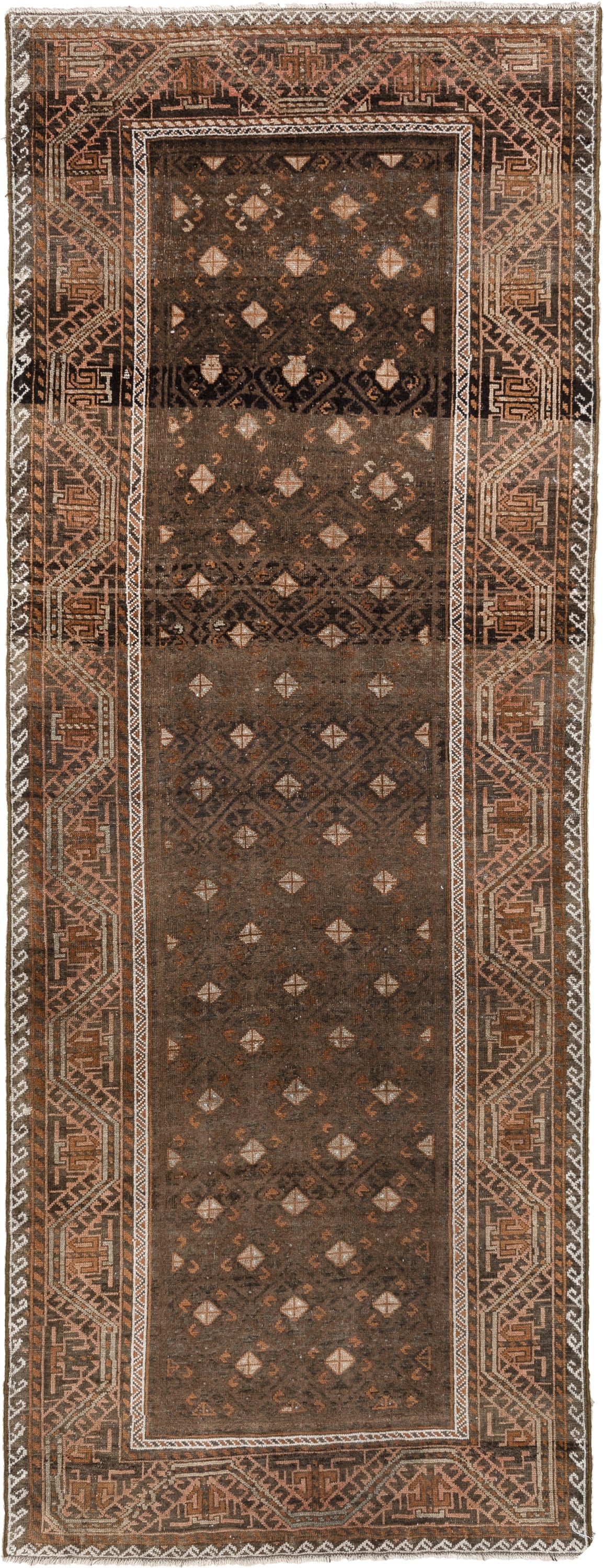 3' x 8' one-of-a-kind handmade antique Belouch runner rug. Color palette: brown, rust, ivory, charcoal, taupe, terracotta