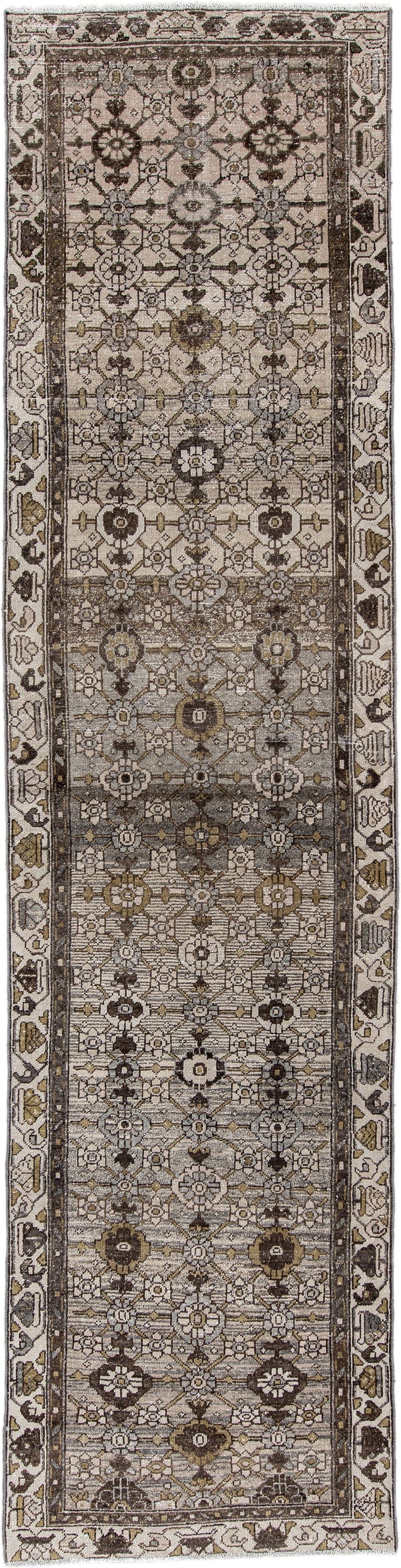 3' x 12' one-of-a-kind handmade antique Malayer runner rug. Color palette: ivory, taupe, charcoal, brown, ochre, sage, slate
