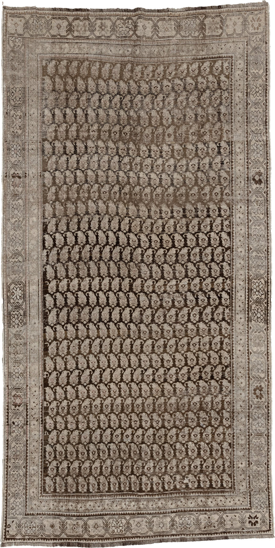 4' x 8' one-of-a-kind handmade antique Karabagh rug. Color palette: taupe, ivory, brown, charcoal, beige, ebony, gray, black