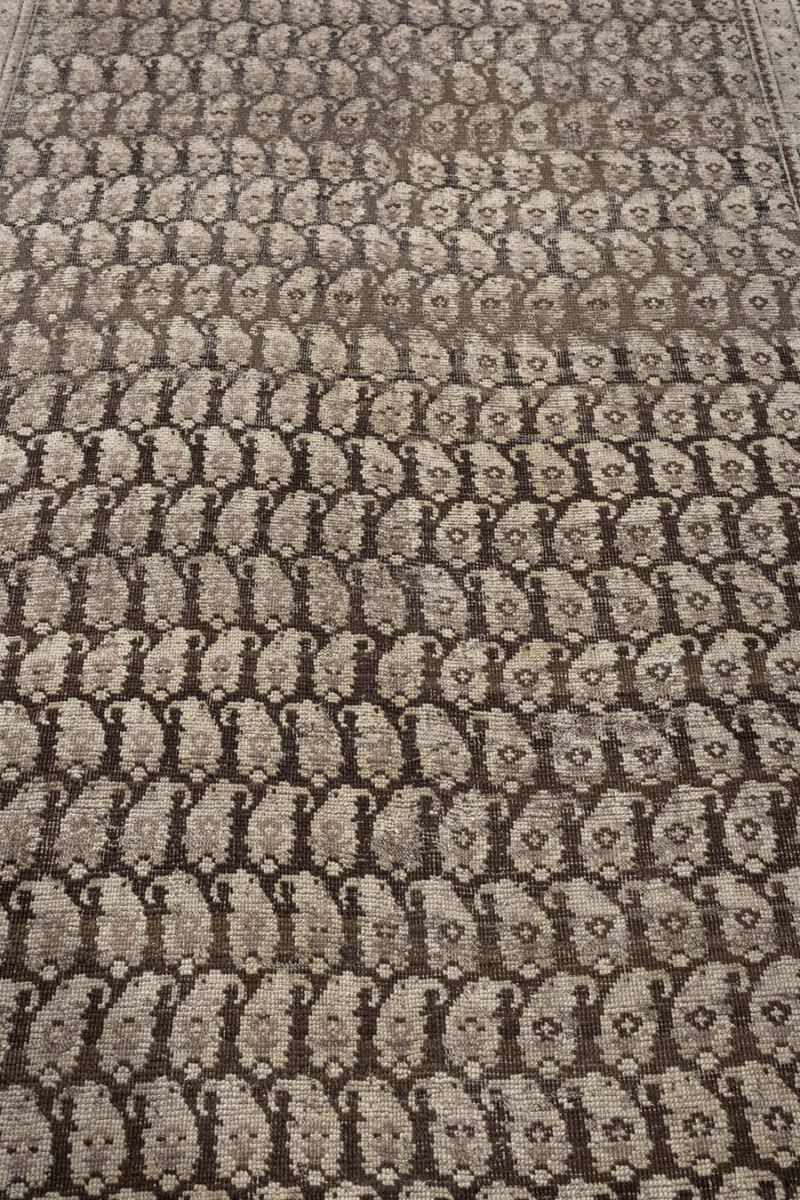 4' x 8' one-of-a-kind handmade antique Karabagh rug. Color palette: taupe, ivory, brown, charcoal, beige, ebony, gray, black