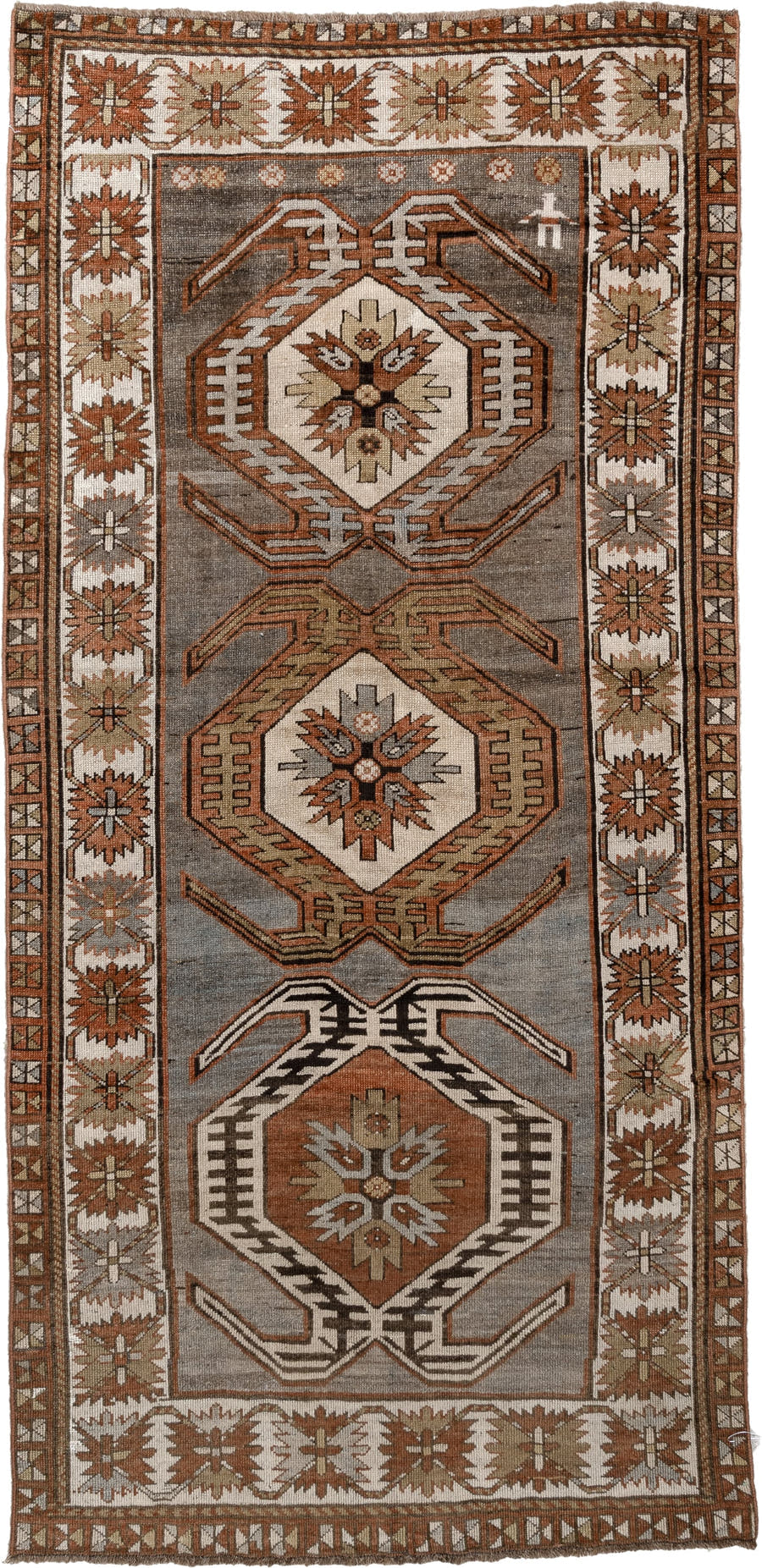 3' x 7' one-of-a-kind handmade antique Caucasian runner rug. Color palette: charcoal, ivory, rust, taupe, dark brown, camel