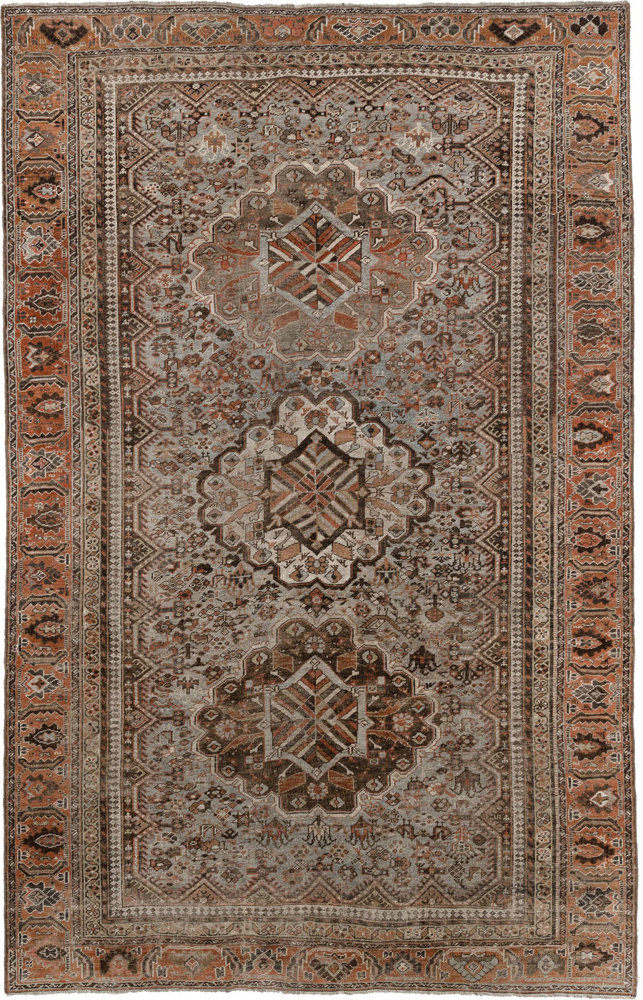 6' x 9' one-of-a-kind handmade antique Shiraz large size rug. Color palette: taupe, rust, ivory, dark brown, charcoal