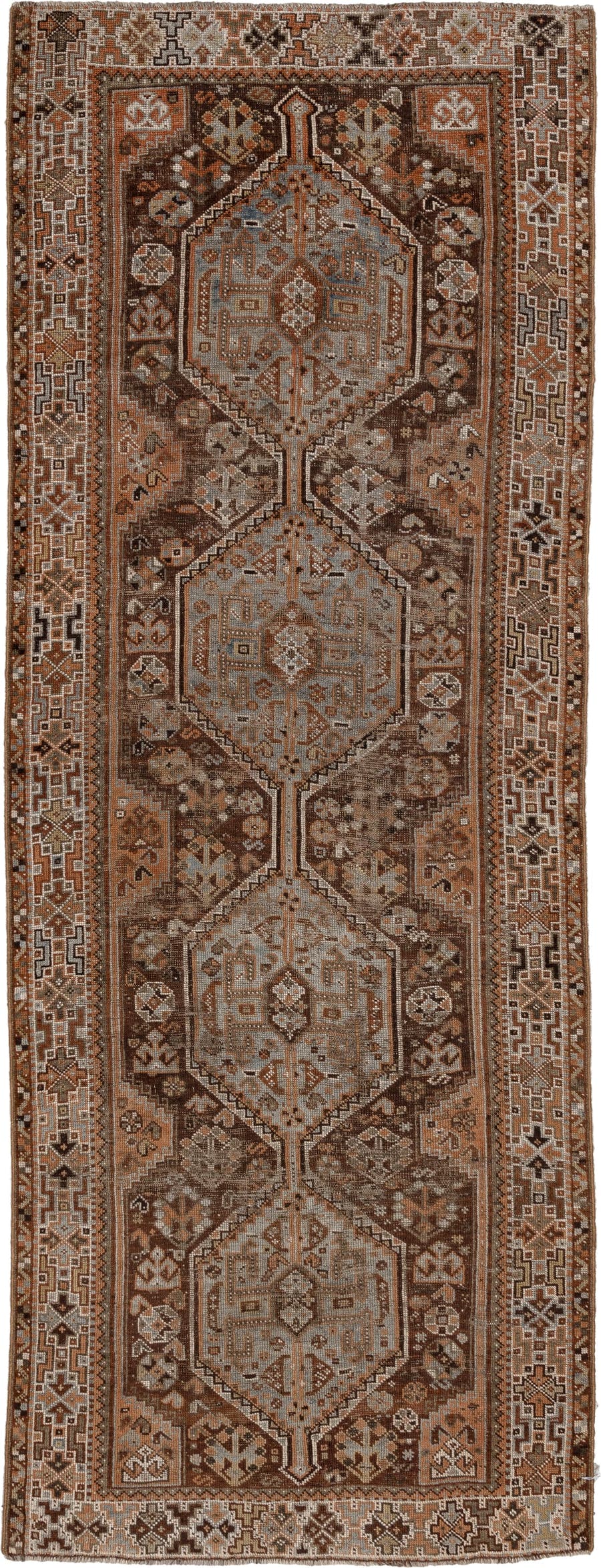 3' x 9' one-of-a-kind handmade antique Shiraz runner rug. Color palette: brown, rust, ivory, camel, slate, charcoal