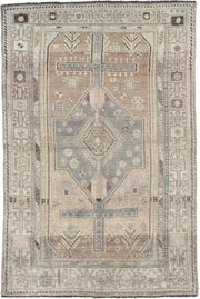 4' x 6' one-of-a-kind handmade antique Shiraz rug. Color palette: taupe, ivory, blue gray, charcoal, brown, sage, beige