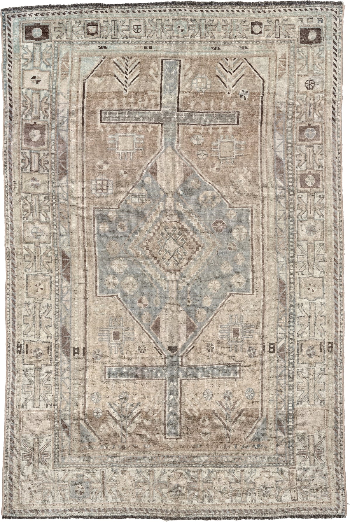 4' x 6' one-of-a-kind handmade antique Shiraz rug. Color palette: taupe, ivory, blue gray, charcoal, brown, sage, beige