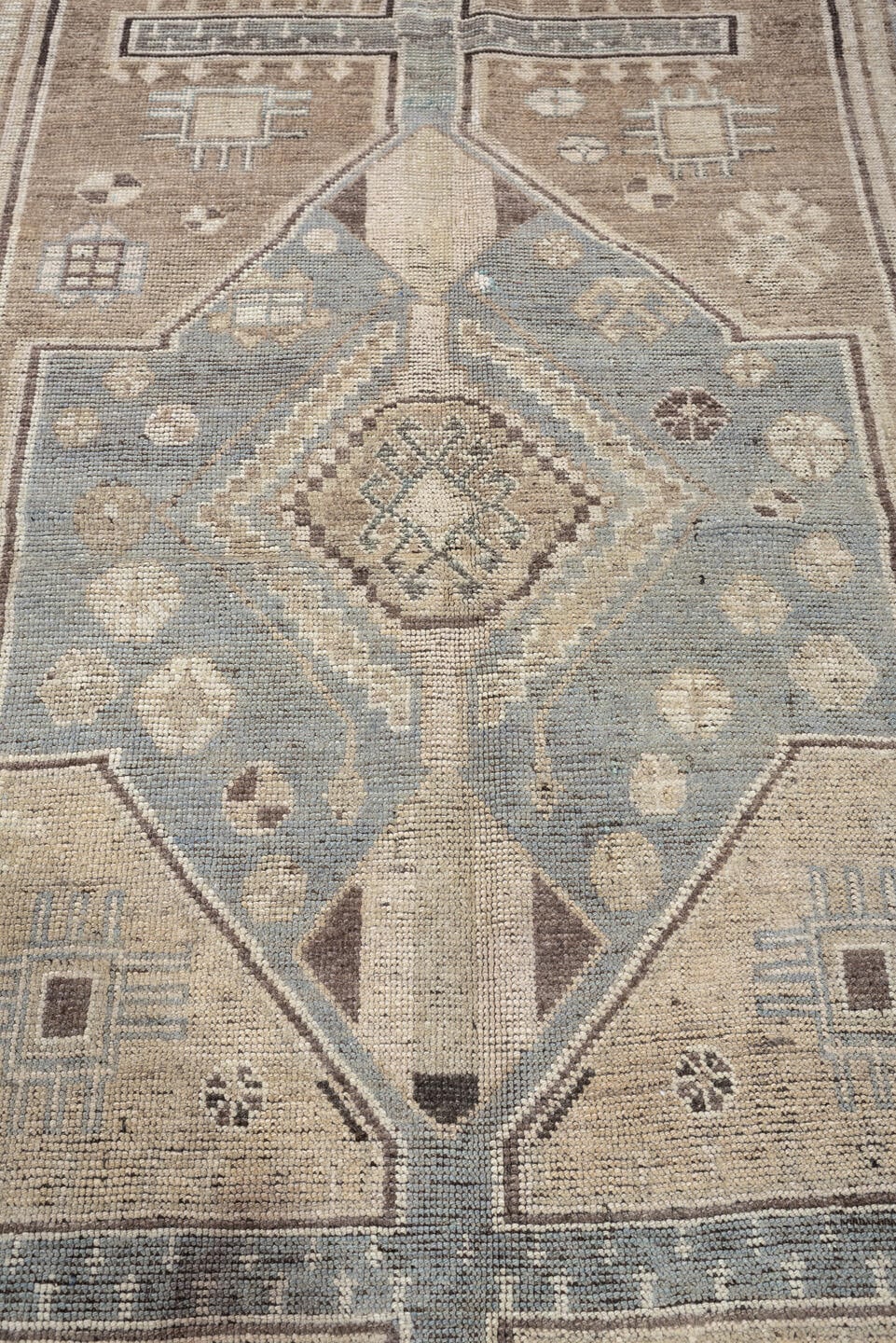 4' x 6' one-of-a-kind handmade antique Shiraz rug. Color palette: taupe, ivory, blue gray, charcoal, brown, sage, beige