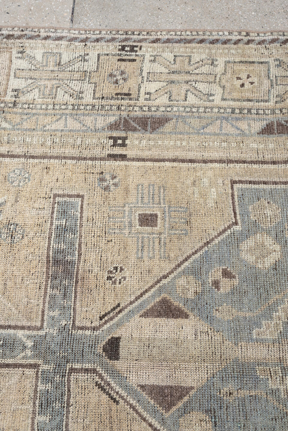 4' x 6' one-of-a-kind handmade antique Shiraz rug. Color palette: taupe, ivory, blue gray, charcoal, brown, sage, beige